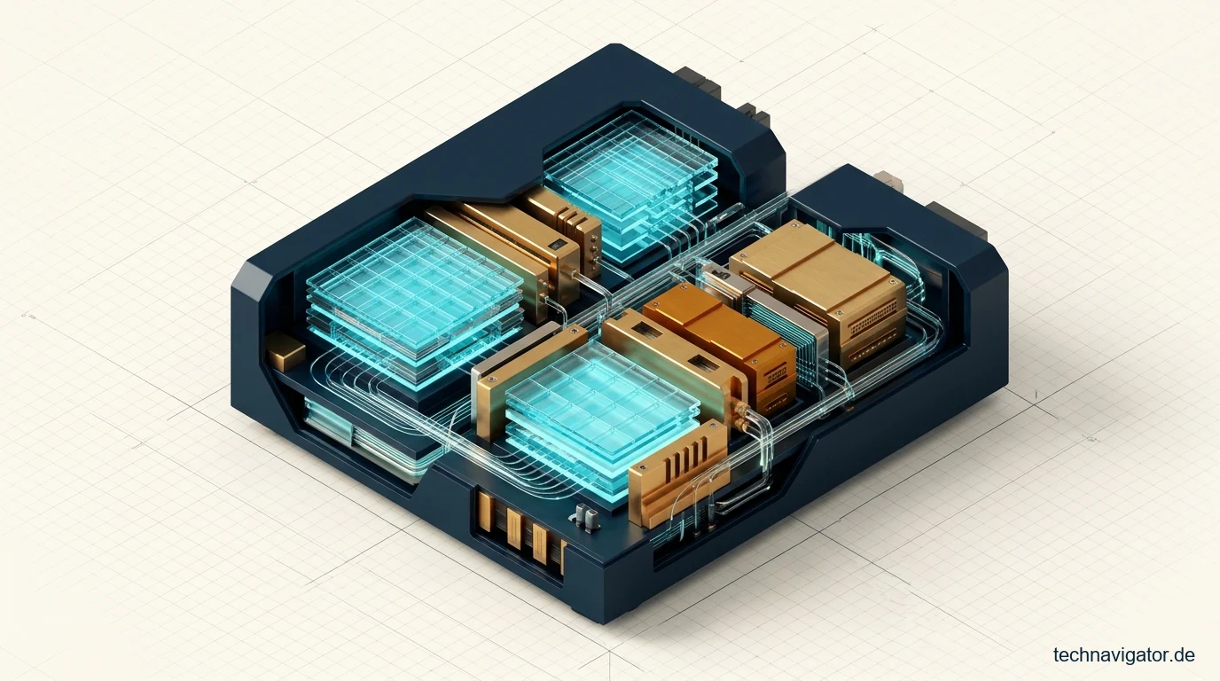 Isometrischer Querschnitt einer Multi-Head Self-Attention Transformer-Engine mit leuchtenden Embedding-Matrizen und Praezisionsleitungen