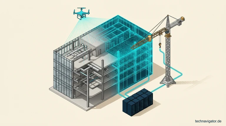 Isometrische Bauwesen-4.0- und Open-BIM-Architektur mit digitalem Gebäudezwilling, Common Data Environment (CDE), Laserscan-Drohne und vernetzter Baustellensteuerung