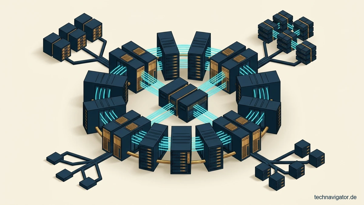 Isometrischer Software-Defined-Storage-Cluster (Ceph SDS) mit selbstheilender Ring-Topologie, CRUSH-Replikation und verteilten OSD-Speicherknoten