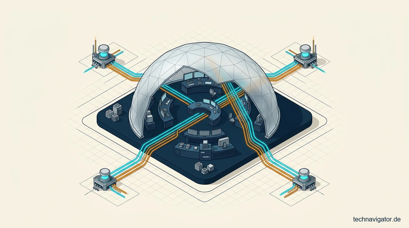 Isometrische Security-Operations-Center-Leitstelle und CISO-Governance-Architektur
