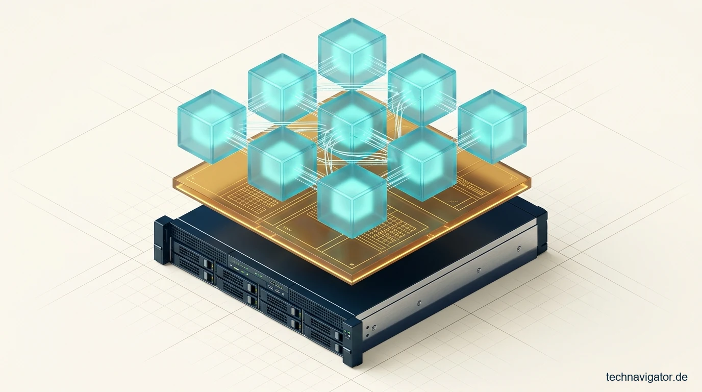 Geschichtete Cloud-Architektur aus physischem Server-Blade, Hypervisor-Abstraktionsebene und vernetzten virtuellen Maschinen