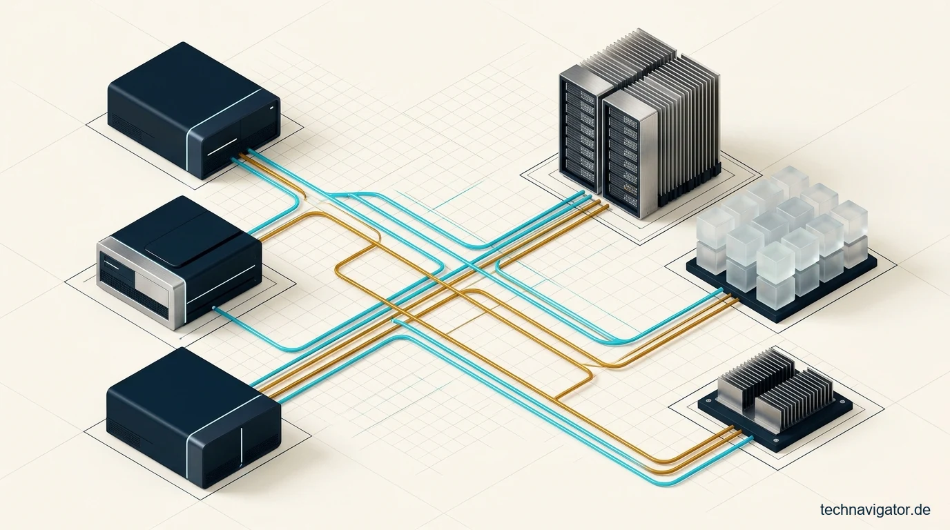 Isometrische Enterprise-Workload-Allokationsmatrix zwischen Bare-Metal-Datenbank, Container-Cluster und Edge-Knoten