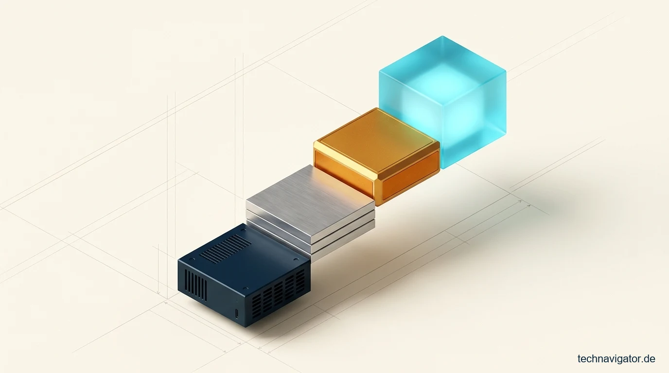 Aufsteigendes vierstufiges Architekturmodell vom Bare-Metal-Server über Virtualisierung und Middleware bis SaaS
