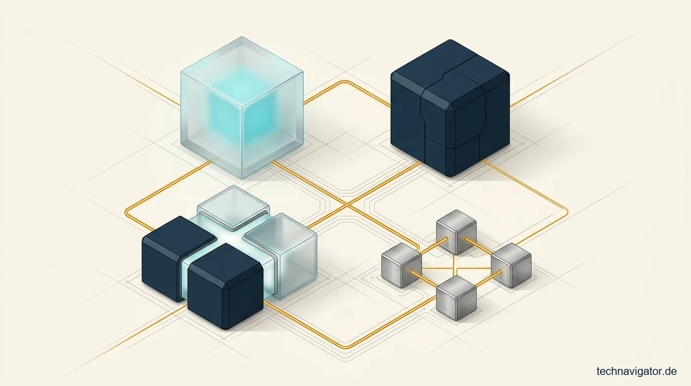 Vier symmetrisch gekoppelte Architekturmodule für Public, Private, Hybrid und Community Cloud