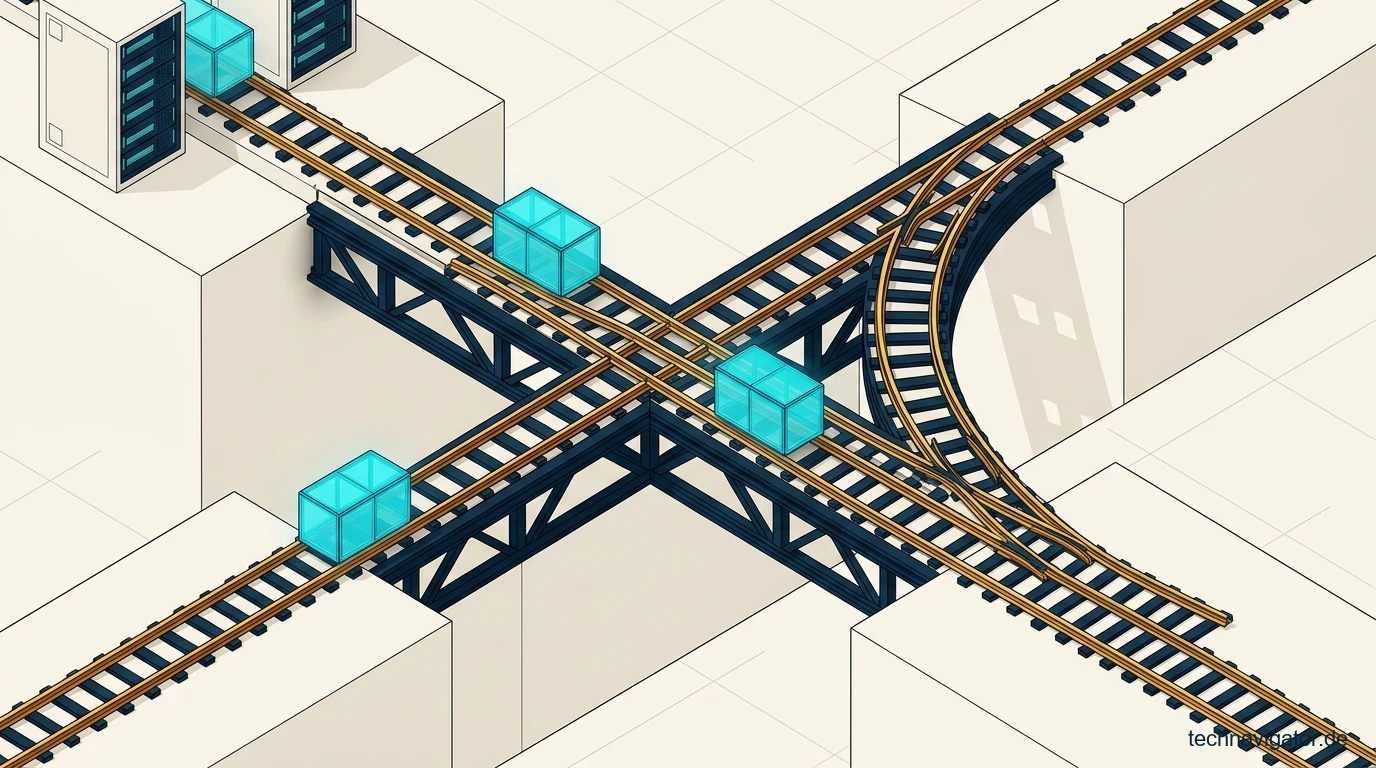 Präzisions-Schienenbrücke für den sicheren Workload-Transfer mit integrierter Exit-Weiche für Cloud-Migrationen