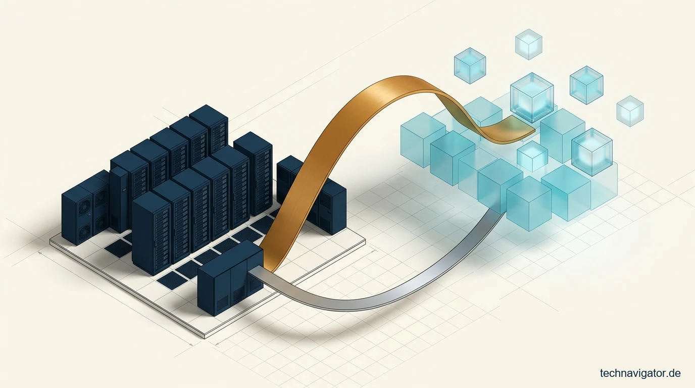 Parabolisches goldenes Transferband für Cloud-Migration und Repatriation zwischen Server-Cluster und Cloud-Kuben