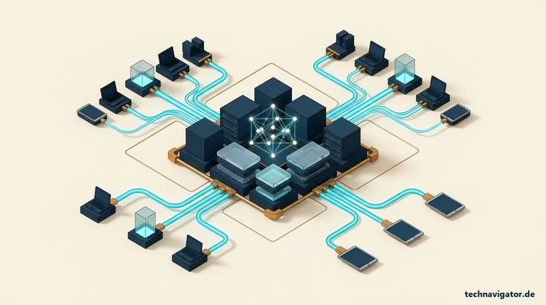 Isometrische Corporate-Learning- und LMS-Architektur mit zentralem Knowledge-Graph, xAPI-Telemetrie-Pipelines und vernetzten digitalen Lernendgeräten