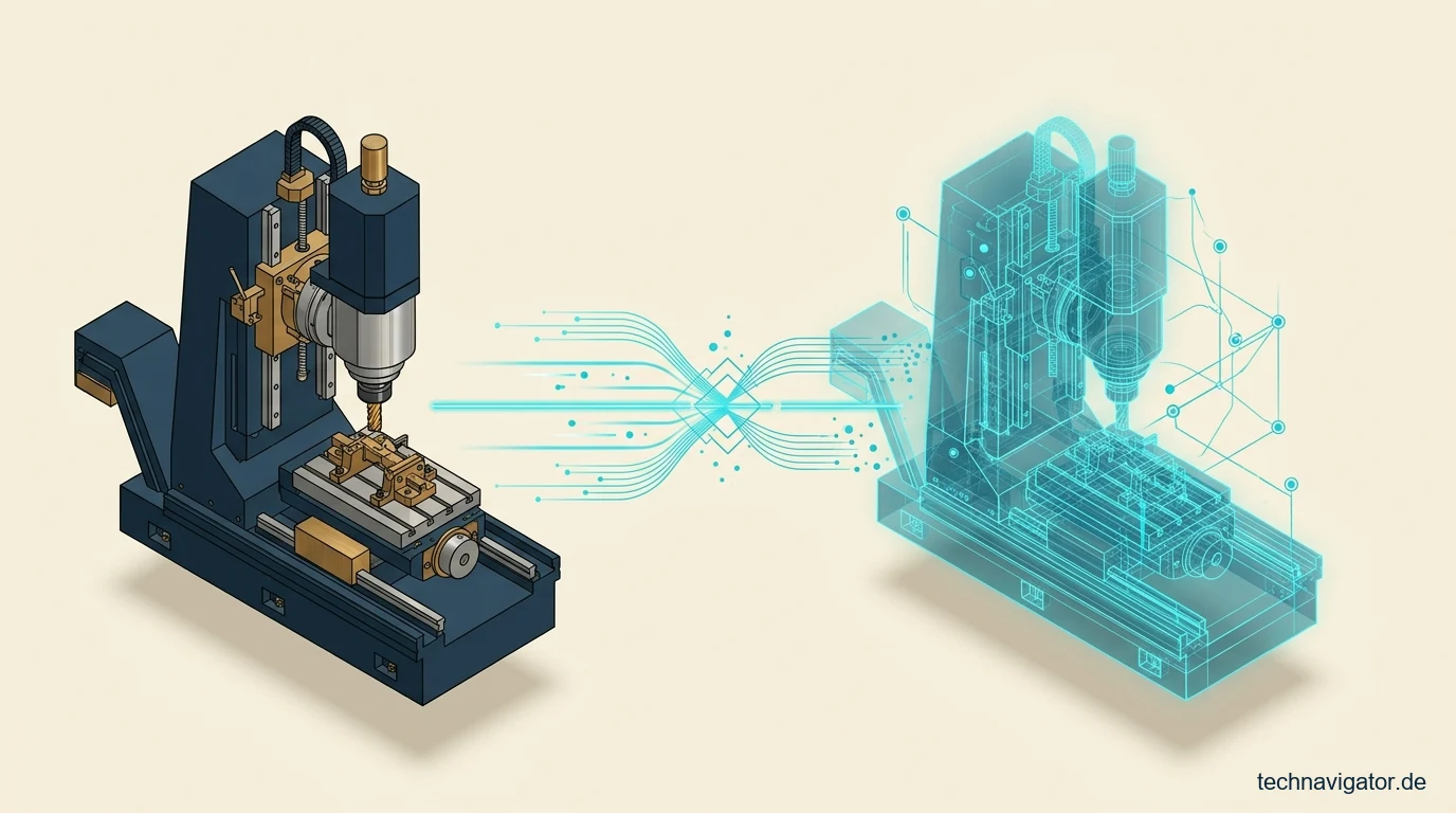 Isometrischer digitaler Zwilling einer Industriemaschine mit synchronisierten Datenstroemen und Verwaltungsschale