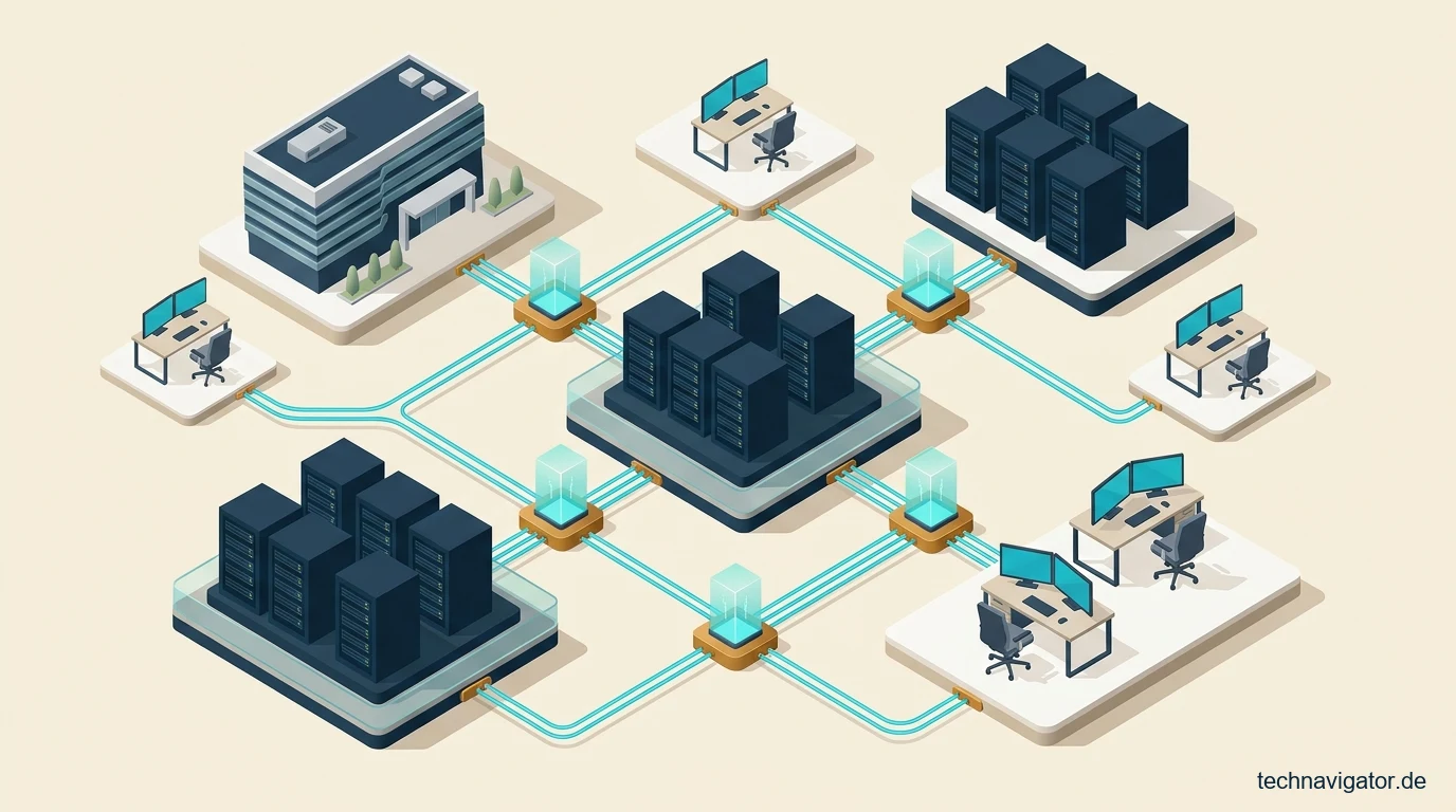 Isometrische Architektur des Enterprise Digital Workplace mit Desktop as a Service, Zero-Trust-Gateways und hybriden Workstations