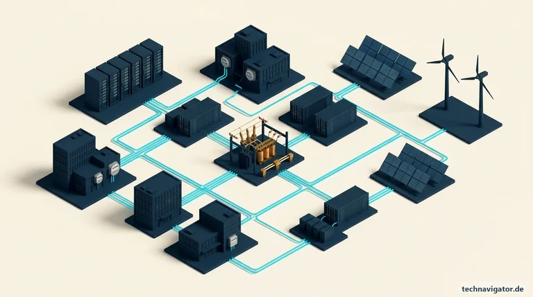 Isometrische Smart-Grid- und Stadtwerke-Architektur mit Solar- und Windenergie, Batteriespeichern, digitaler Trafostation und ESG-Telemetrie