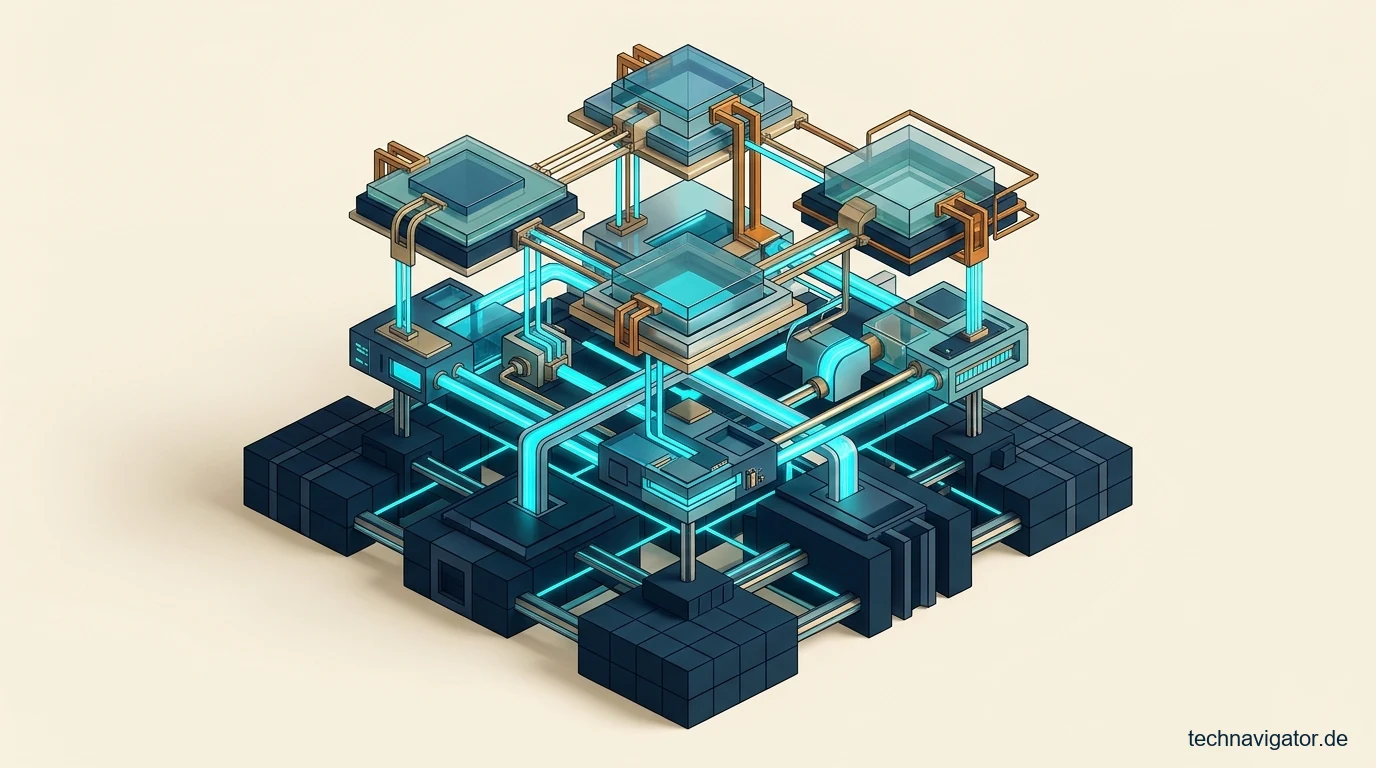 Isometrische dreistufige Architekturmatrix fuer die digitale Unternehmenstransformation vom Altsystem zur Plattform