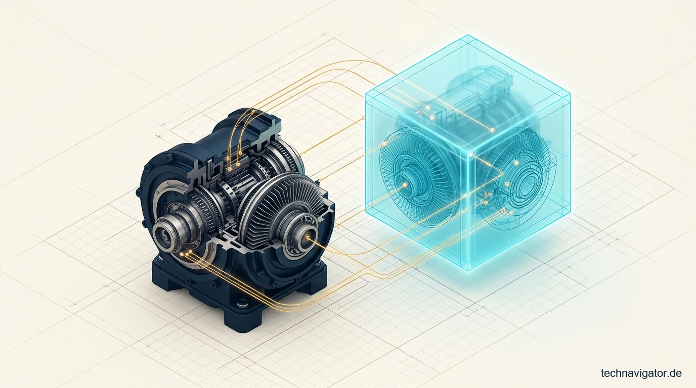 Physisches Industrieturbinen-Bauteil gekoppelt mit seinem kryptografischen Digitalen Zwilling