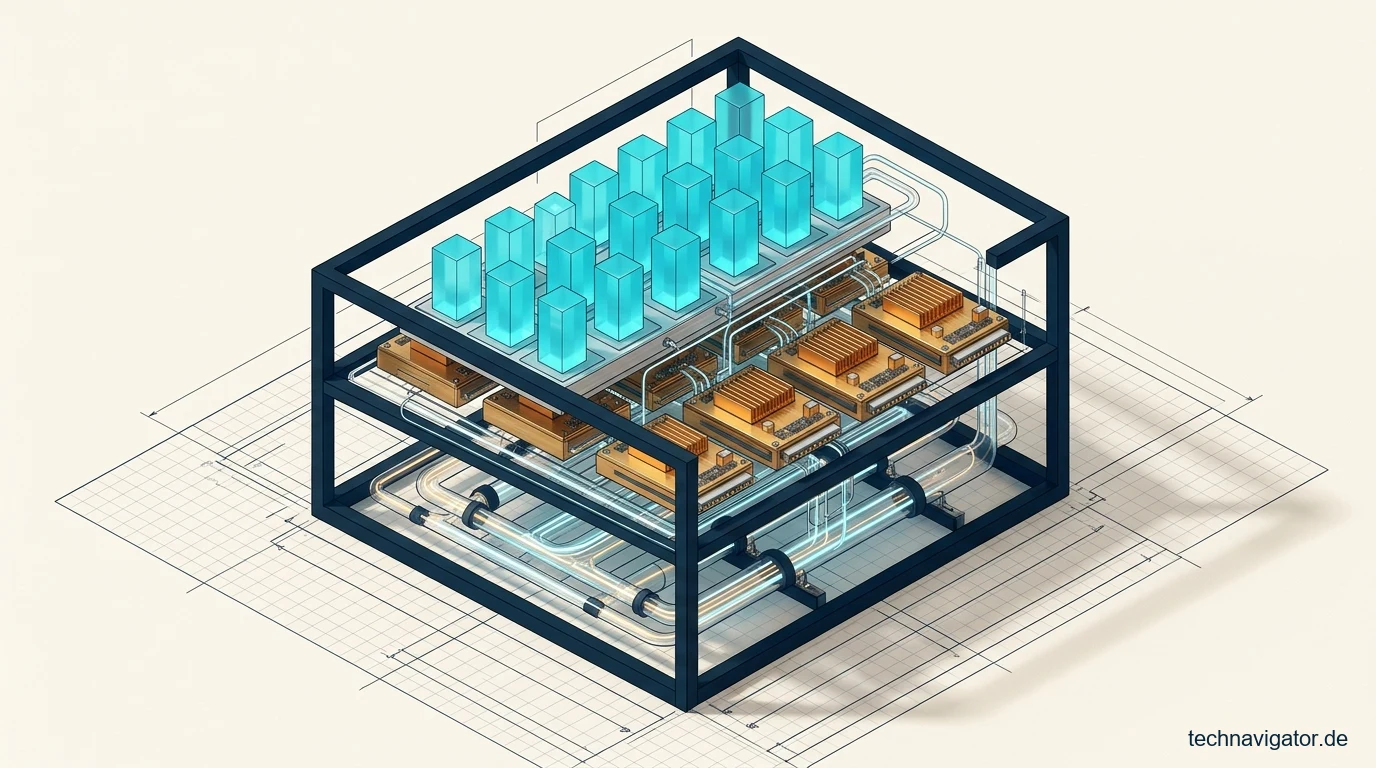 Isometrisches Rechenzentrums-Rack fuer verteilte Datenverarbeitung mit Event-Bus, Stream-Processing und spaltenorientiertem OLAP