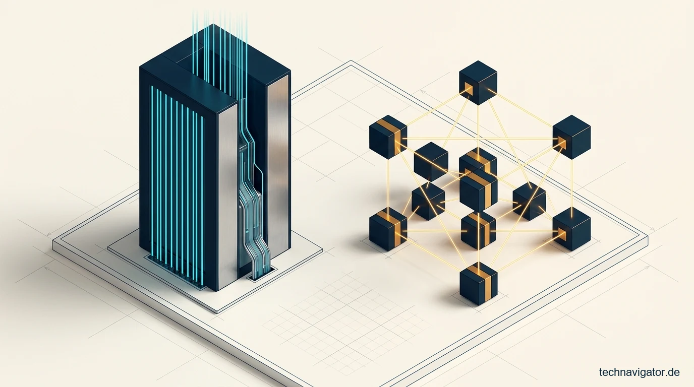Architekturvergleich zwischen hochperformantem Datenbankturm und verteiltem DLT-Konsensgitter