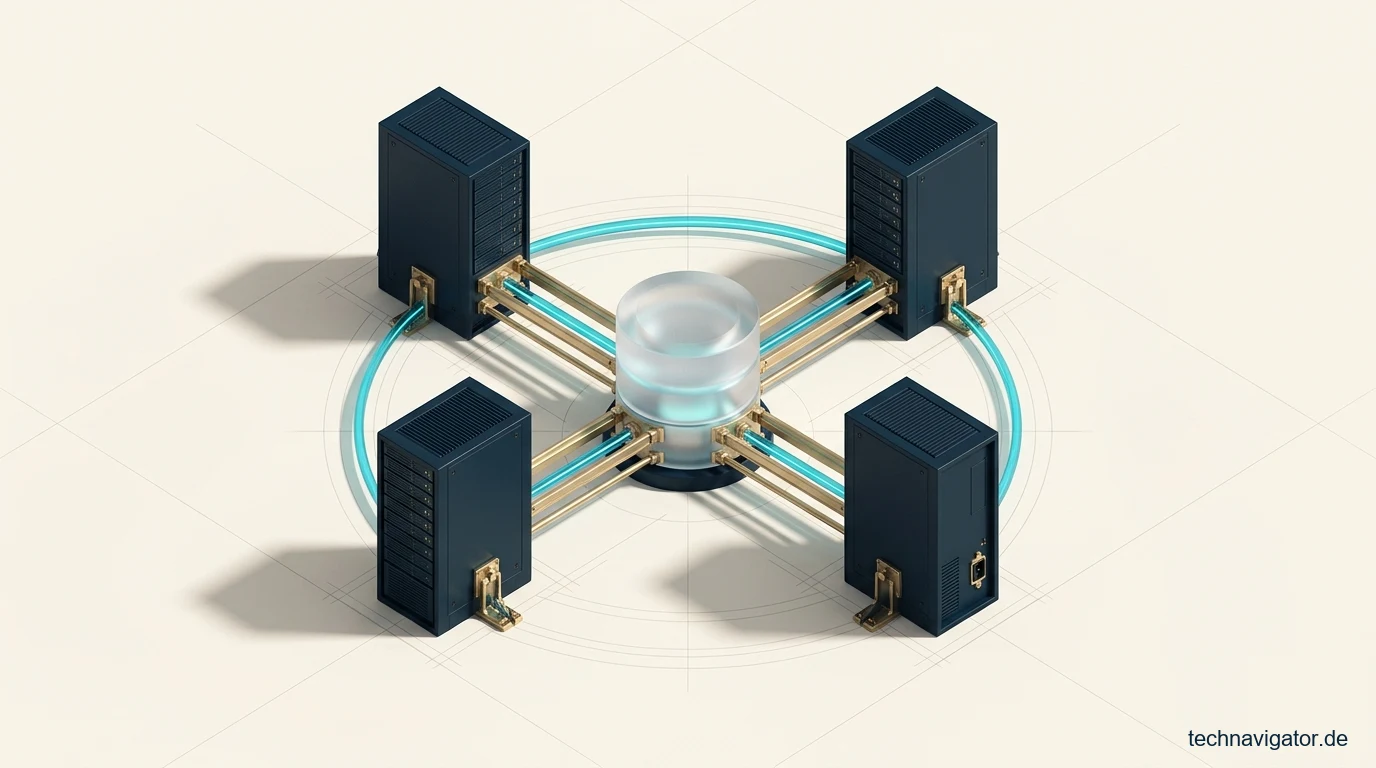 Isometrischer Konsortial-Ring aus vier Enterprise-Server-Monolithen um einen Synchronisationskern