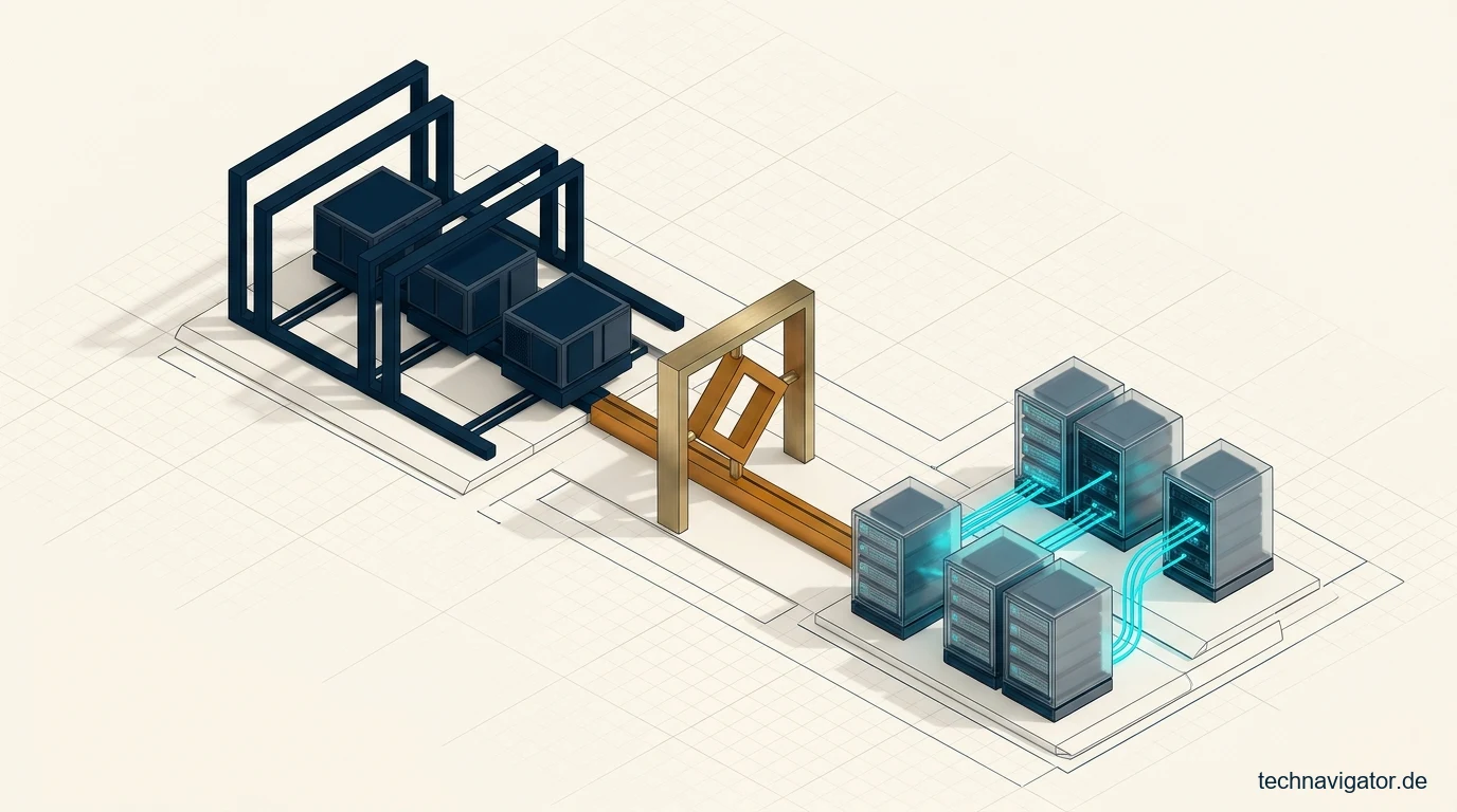 Automatisierte MLOps-Pipeline mit Trainingsstation, Validierungs-Governance-Schleuse und produktiven Container-Serving-Knoten