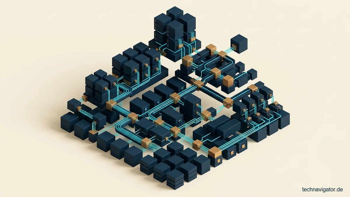 Isometrische Enterprise-Software-Architektur mit API-Gateway, modularen Microservices und Application-Lifecycle-Management-Pipelines