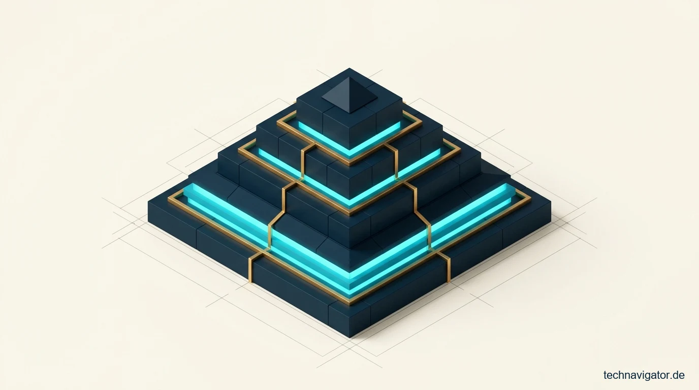 Vierstufige architektonische Risikoklassen-Pyramide aus Präzisionsblöcken und optischen Kernschichten