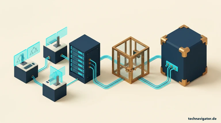 Isometrische KI-Softwareentwicklungs- und DevSecOps-Architektur mit Entwickler-Arbeitsplätzen, lokalem GPU-Code-Inferenzserver, SAST-Sicherheits-Gate und geschütztem Git-Repository