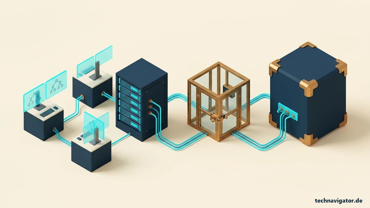 Isometrische KI-Softwareentwicklungs- und DevSecOps-Architektur mit Entwickler-Arbeitsplätzen, lokalem GPU-Code-Inferenzserver, SAST-Sicherheits-Gate und geschütztem Git-Repository