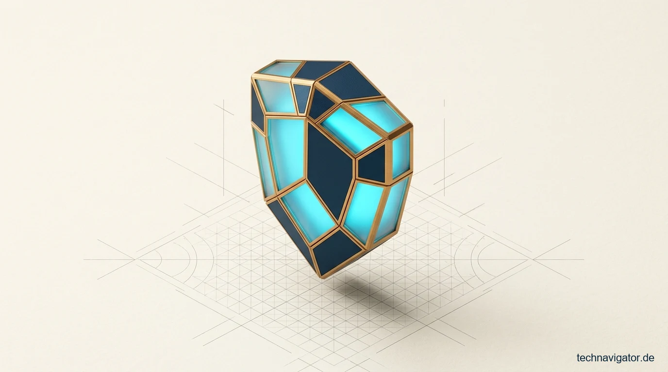 Mehrfach facettierter architektonischer Schutzschild aus Titanelementen und leuchtendem Cyan-Glas