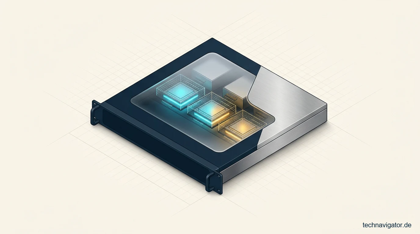 Aufgeschnittenes Rack-Mount-Hardware-Security-Module mit drei geschützten Kryptografie-Kernen
