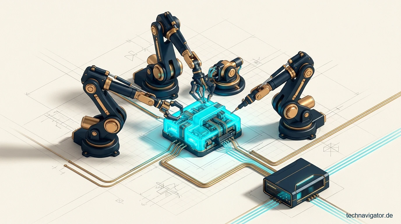Drei Industrie-Roboterarme montieren und steuern eine zentrale Edge-Cloud-Steuerungseinheit