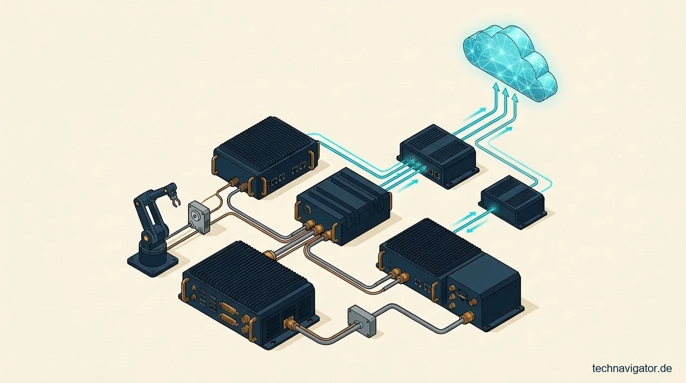 Isometrische Industrial-IoT-Edge-Architektur mit gehaerteten Edge-Knoten und verschluesselten Sensorleitungen