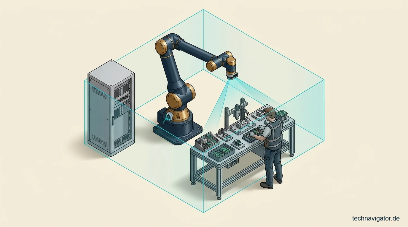 Isometrische kollaborative Roboterzelle mit Praezisionsarm, optischen Sicherheitsfeldern und gehaerteter Steuerung