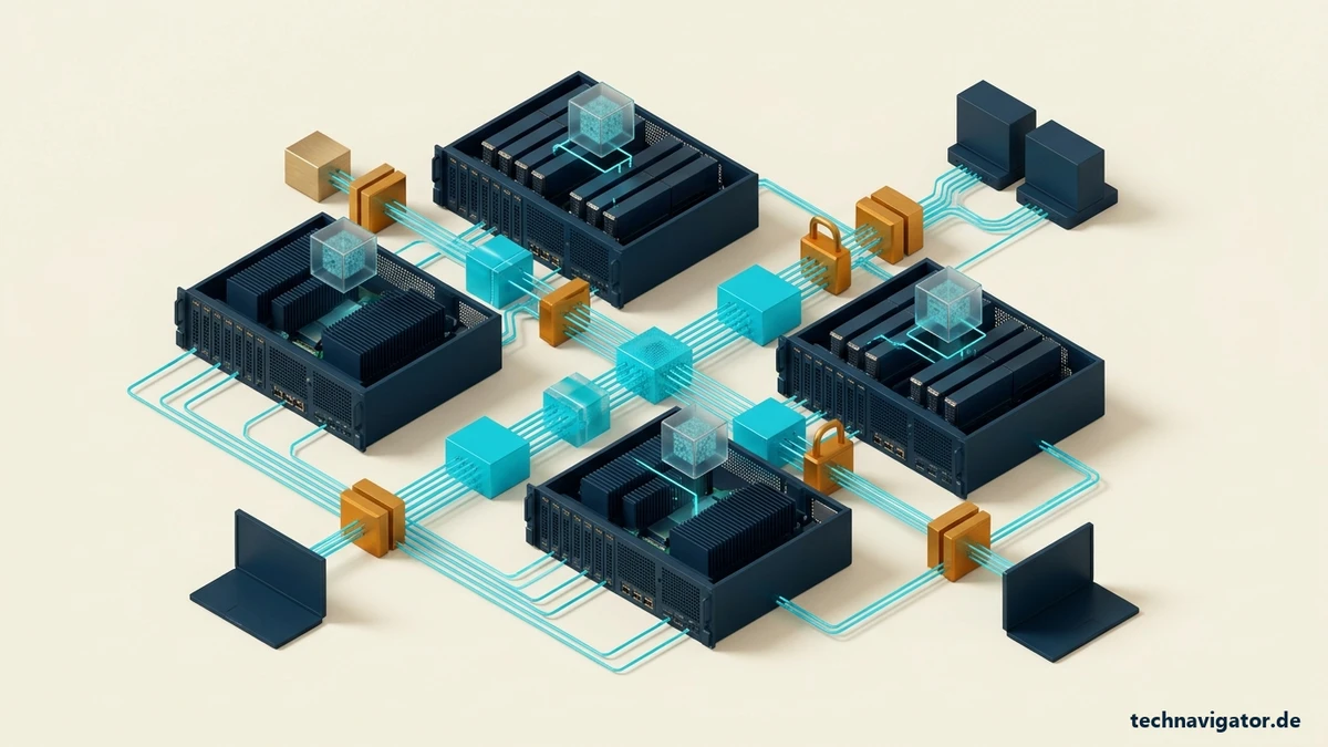 Isometrische Architektur des IONOS AI Model Hub mit deutschen GPU-Inferenzclustern, Open-Weights-Sprachmodellen und kryptografischer Datensouveränität