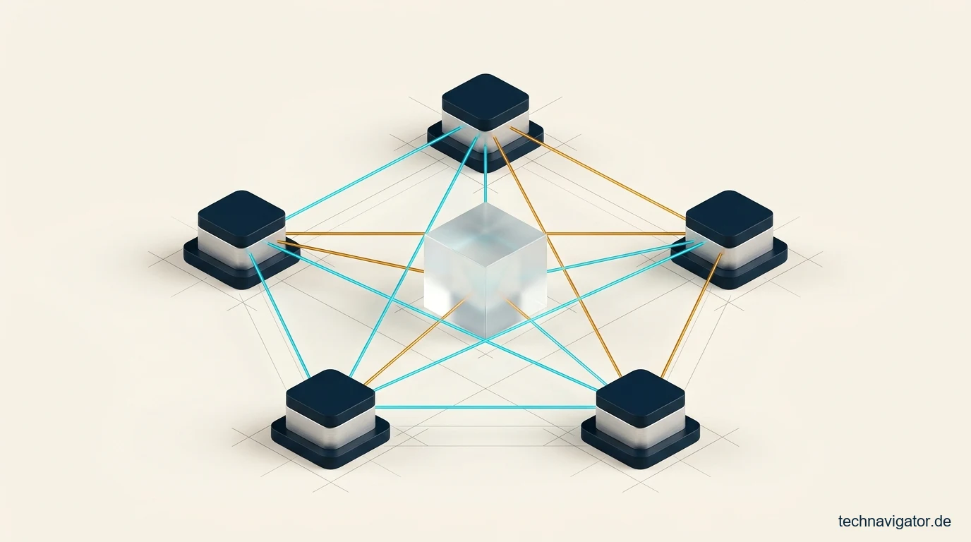 Symmetrisches Fünf-Knoten-Konsensnetzwerk mit optischer Stern-Topologie um ein Zustandsprisma