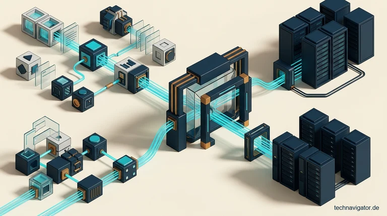 Isometrische Low-Code- und BPM-Governance-Architektur mit visuellen Workflow-Bausteinen, API-Sandbox-Gate und ERP-Datenbankintegration
