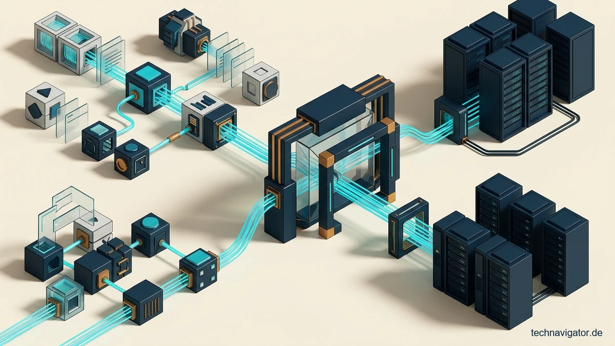 Isometrische Low-Code- und BPM-Governance-Architektur mit visuellen Workflow-Bausteinen, API-Sandbox-Gate und ERP-Datenbankintegration