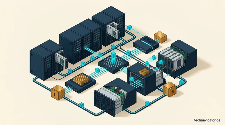 Isometrische On-Premises-S3-Object-Storage-Architektur mit NVMe-Serverknoten, Erasure-Coding-Paritätsmatrix und Hochgeschwindigkeits-API-Gateway