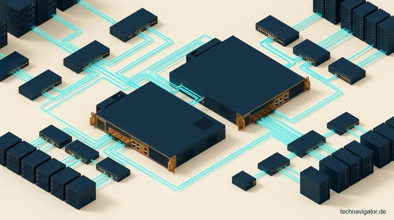Isometrische Next-Generation-Firewall-Architektur mit redundanten High-Availability-Appliances, Deep-Packet-Inspection und VLAN-Segmentierung