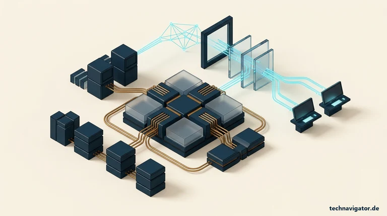 Isometrische Architektur einer KI-Antwortmaschine und Enterprise-RAG-Pipeline mit Vektordatenbank, Halluzinationsfilter und Echtzeit-Quellenverifikation