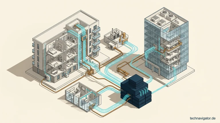 Isometrische PropTech- und CAFM-Gebäudearchitektur mit Smart-Metering-Sensorik, Wärmepumpen-Telemetrie und zentralem Immobilien-ERP-Datenbankkern