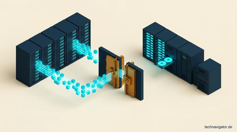 Isometrische Enterprise-Backup-Architektur mit deduplizierten Datenströmen, Ransomware-sicherem Air-Gap-Gate und unveränderlichem ZFS-Backup-Tresor
