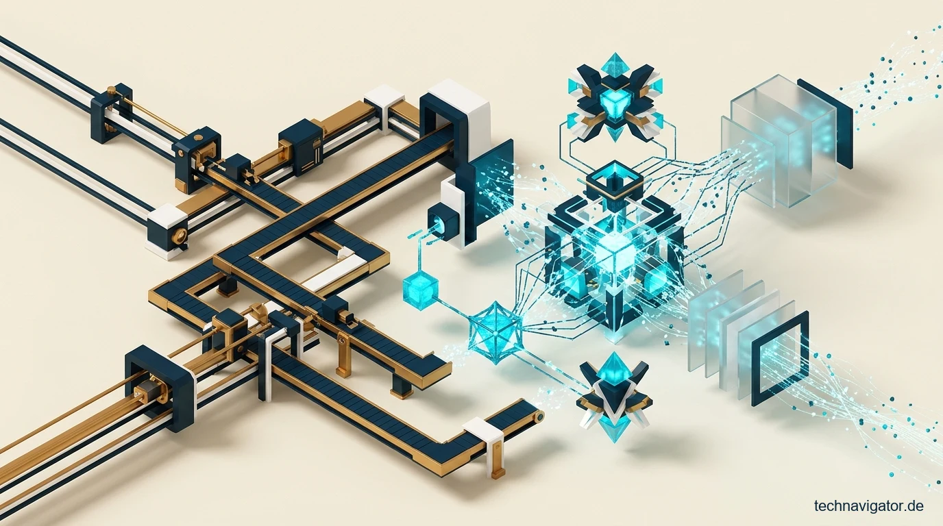 Isometrisches Diagramm zum Uebergang von deterministischer RPA zu intelligenten KI-Agenten im Enterprise-Stack