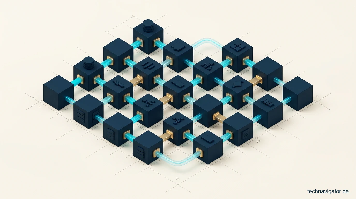 Modulares Enterprise-Backend-Gitter aus gekoppelten Microservice-Kuben und leuchtenden Event-Streaming-Bussen