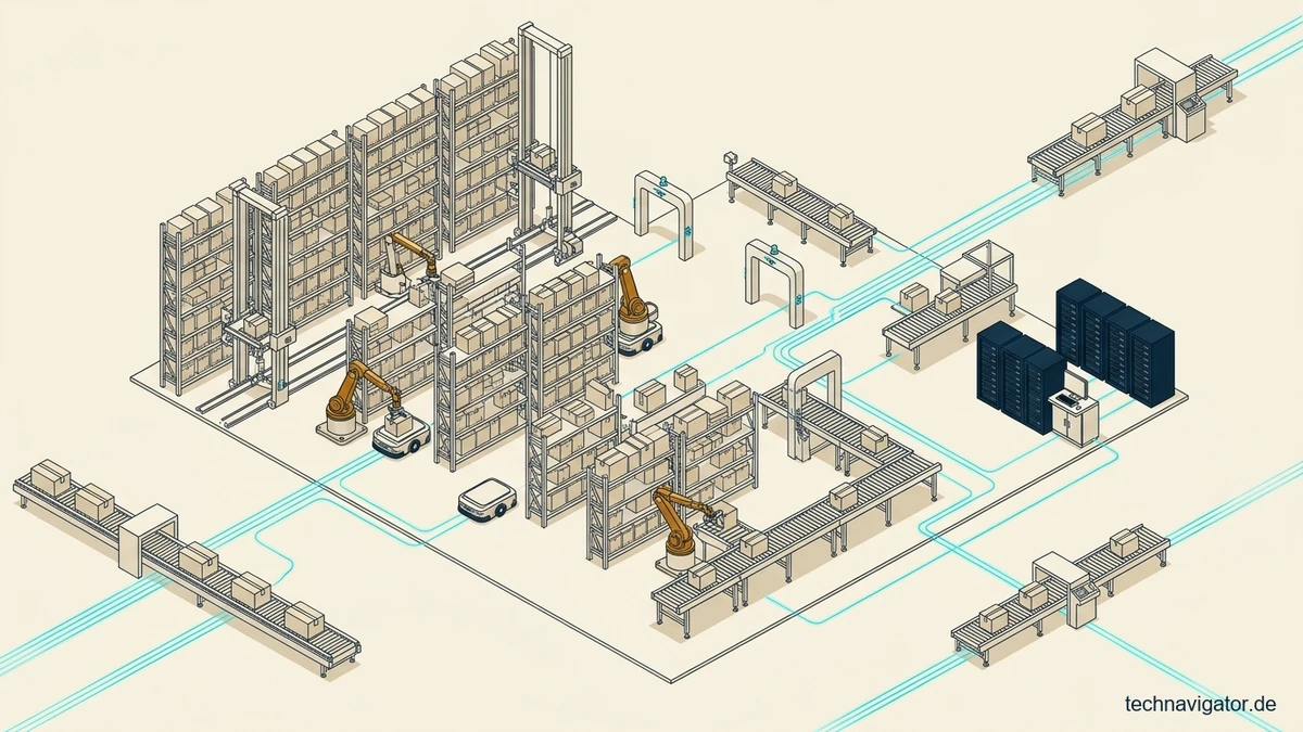 Isometrische Supply-Chain- und Smart-Warehouse-Architektur mit autonomen Logistikrobotern, IoT-Sensorik und Echtzeit-Control-Tower